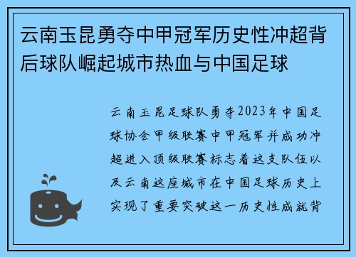 云南玉昆勇夺中甲冠军历史性冲超背后球队崛起城市热血与中国足球
